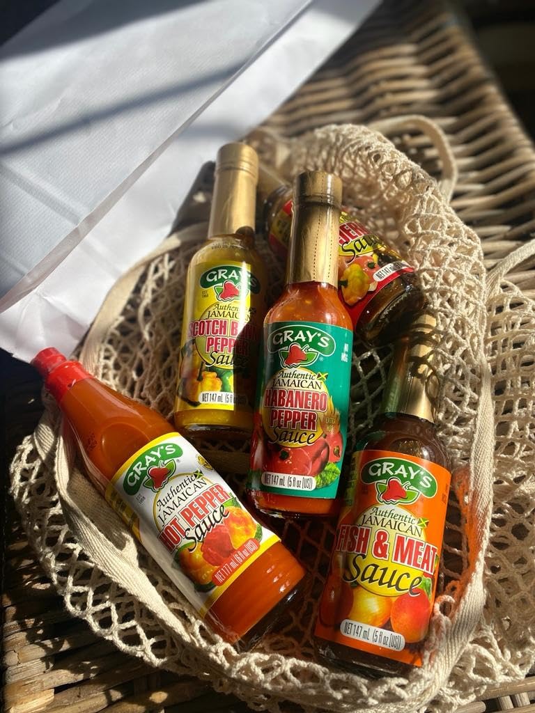 Gray's Authentic Jamaican Sauces | 7 Bottle Secletion Box | Jerk Sauce | Scotch Bonnet | Hot Pepper | Habanero Sauce | Fish & Meat Sauce |Jerk Seasoning | Green Seasoning