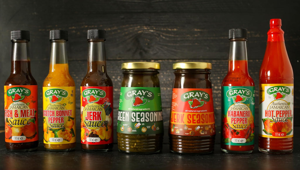 Gray's Authentic Jamaican Sauces | 7 Bottle Secletion Box | Jerk Sauce | Scotch Bonnet | Hot Pepper | Habanero Sauce | Fish & Meat Sauce |Jerk Seasoning | Green Seasoning